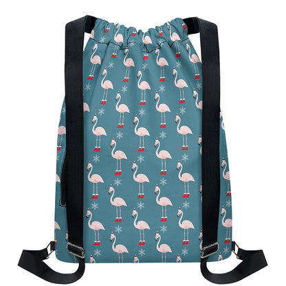 Christmas Snowy Flamingo Pattern Print Drawstring Backpack