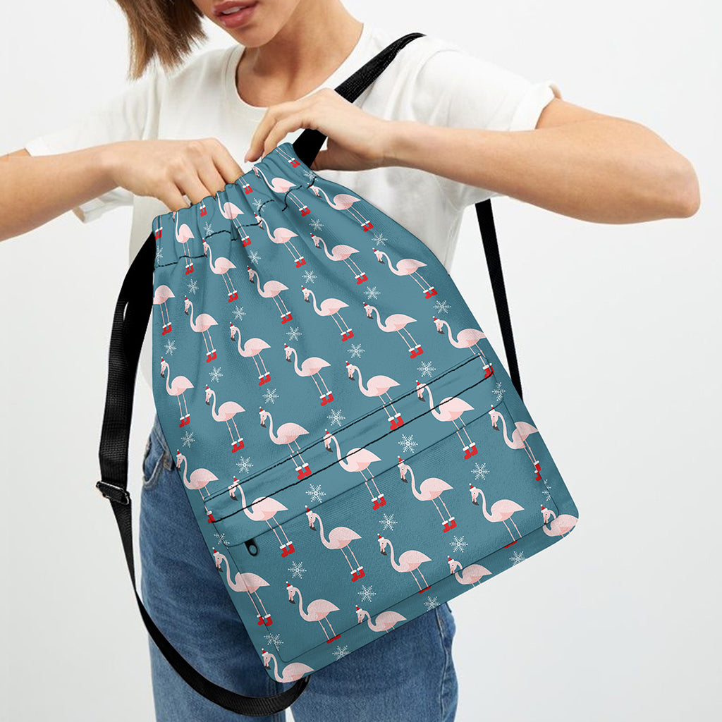 Christmas Snowy Flamingo Pattern Print Drawstring Backpack