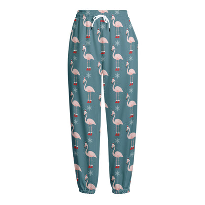Christmas Snowy Flamingo Pattern Print Fleece Lined Knit Pants
