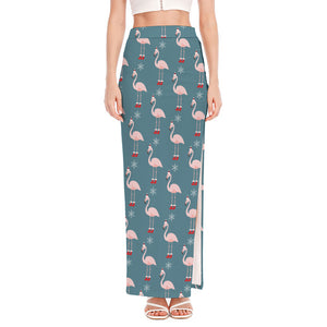 Christmas Snowy Flamingo Pattern Print High Slit Maxi Skirt