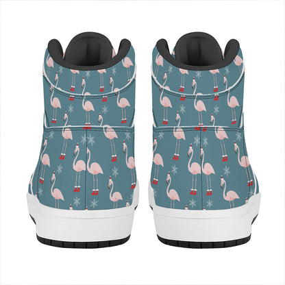 Christmas Snowy Flamingo Pattern Print High Top Leather Sneakers