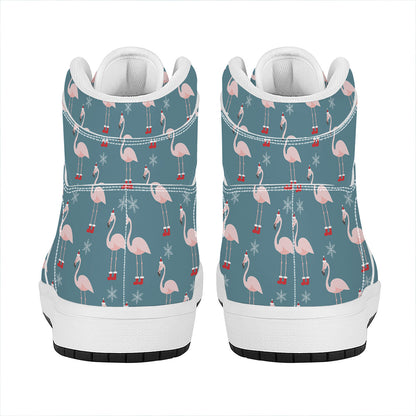Christmas Snowy Flamingo Pattern Print High Top Leather Sneakers