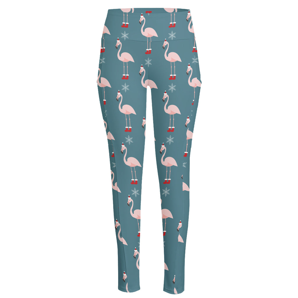 Christmas Snowy Flamingo Pattern Print High-Waisted Pocket Leggings