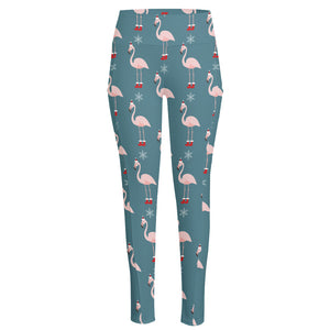 Christmas Snowy Flamingo Pattern Print High-Waisted Pocket Leggings