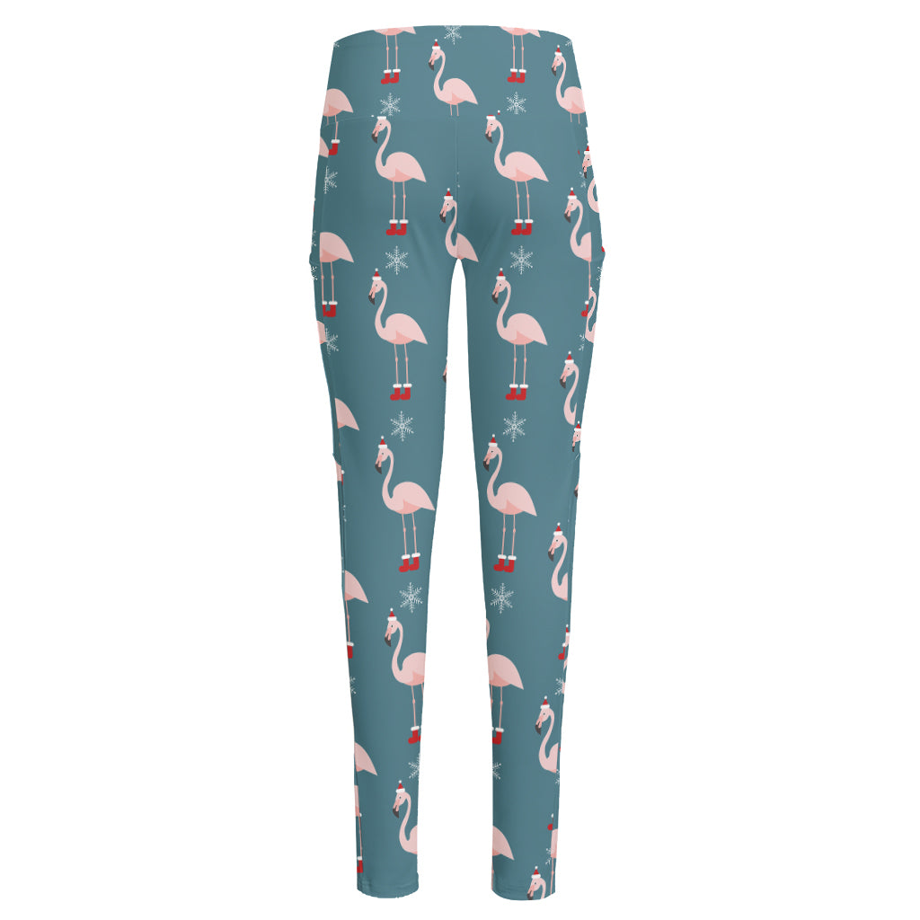 Christmas Snowy Flamingo Pattern Print High-Waisted Pocket Leggings