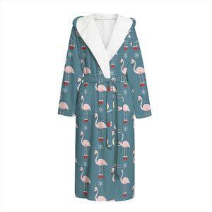 Christmas Snowy Flamingo Pattern Print Hooded Bathrobe