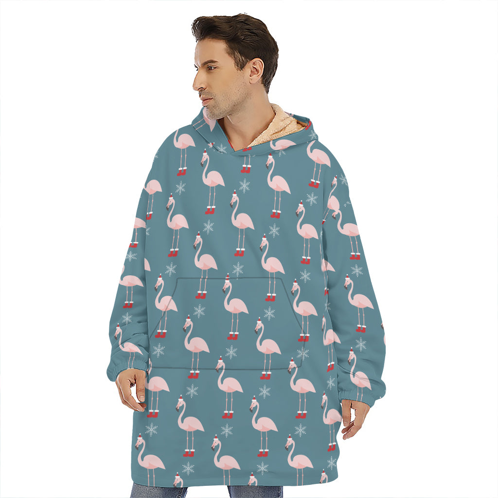 Christmas Snowy Flamingo Pattern Print Hoodie Blanket