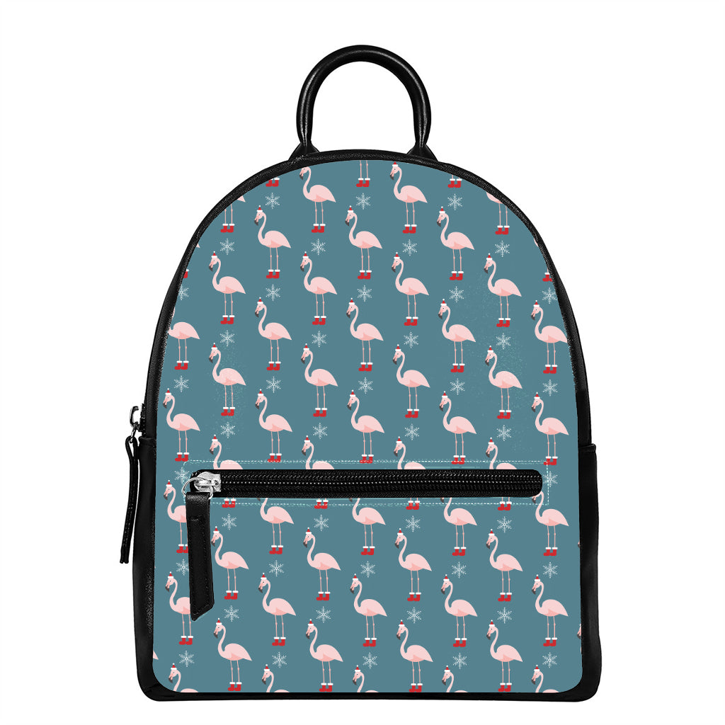 Christmas Snowy Flamingo Pattern Print Leather Backpack