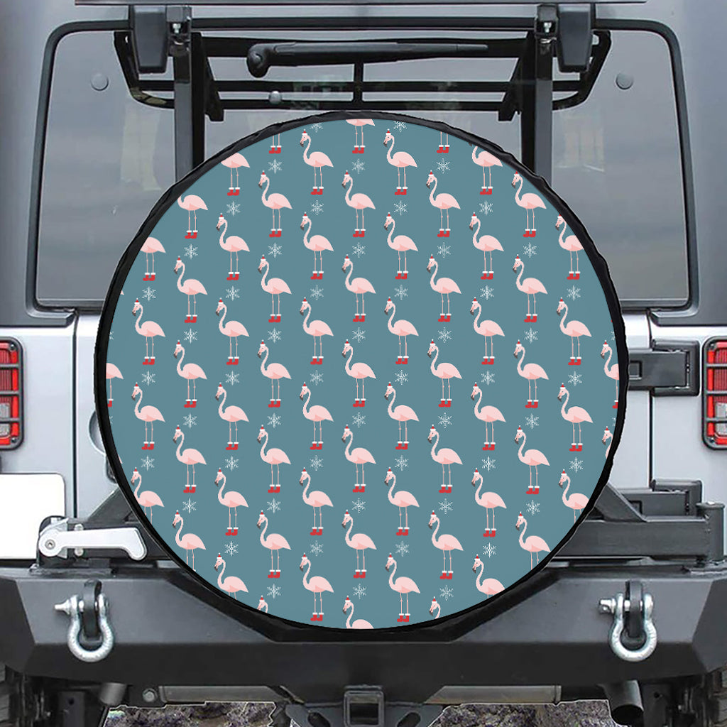 Christmas Snowy Flamingo Pattern Print Leather Spare Tire Cover