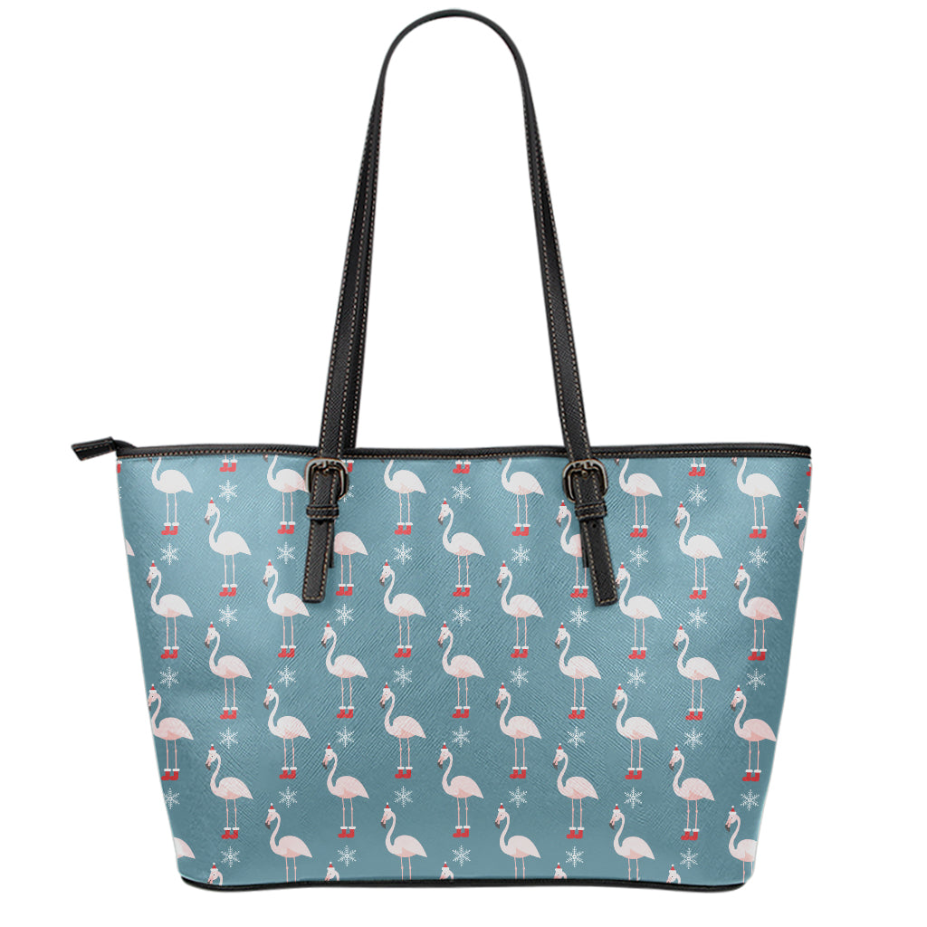 Christmas Snowy Flamingo Pattern Print Leather Tote Bag