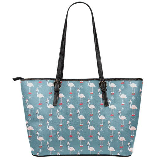 Christmas Snowy Flamingo Pattern Print Leather Tote Bag