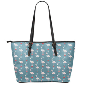 Christmas Snowy Flamingo Pattern Print Leather Tote Bag