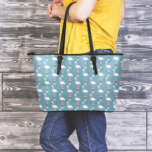 Christmas Snowy Flamingo Pattern Print Leather Tote Bag