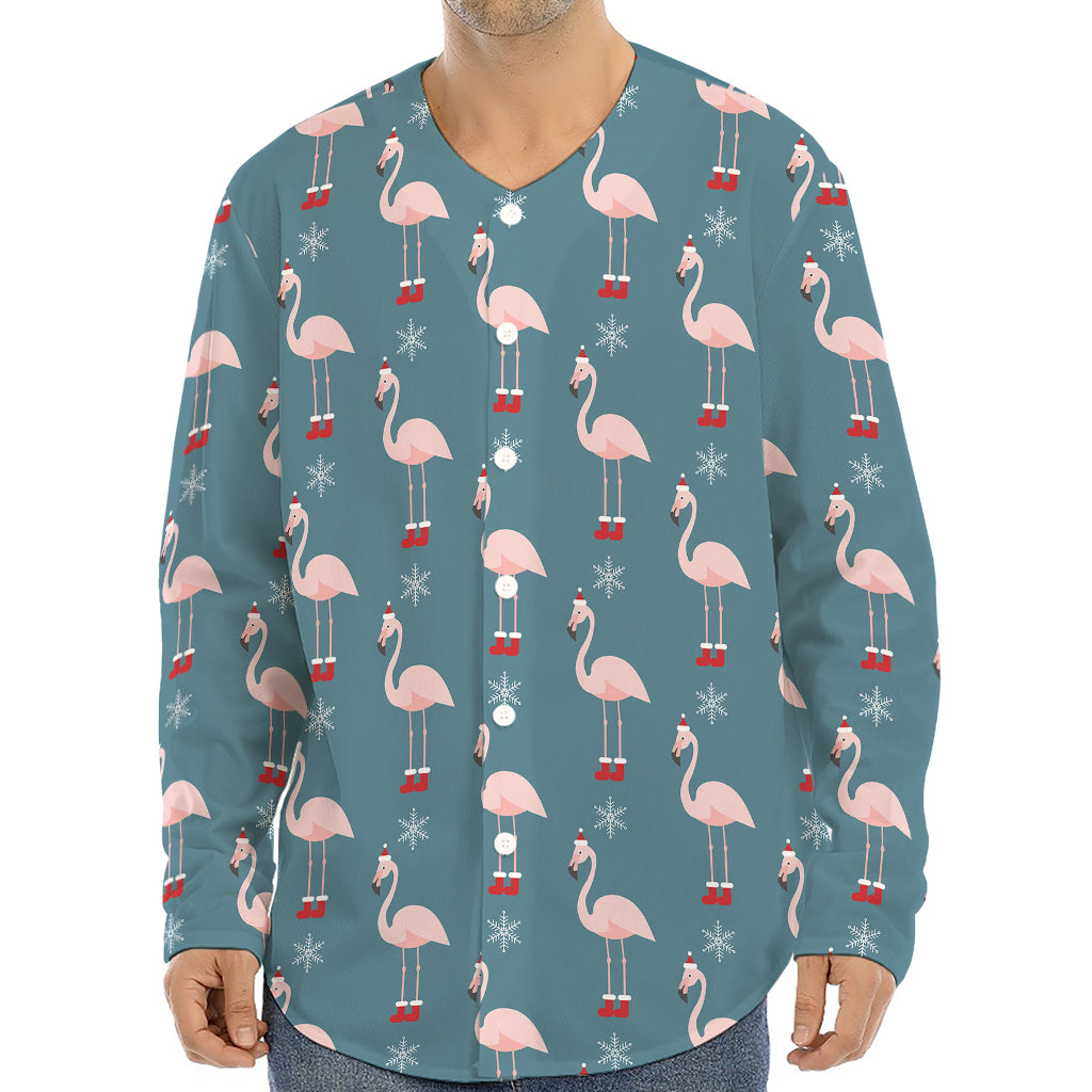 Christmas Snowy Flamingo Pattern Print Long Sleeve Baseball Jersey