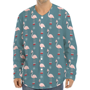 Christmas Snowy Flamingo Pattern Print Long Sleeve Baseball Jersey