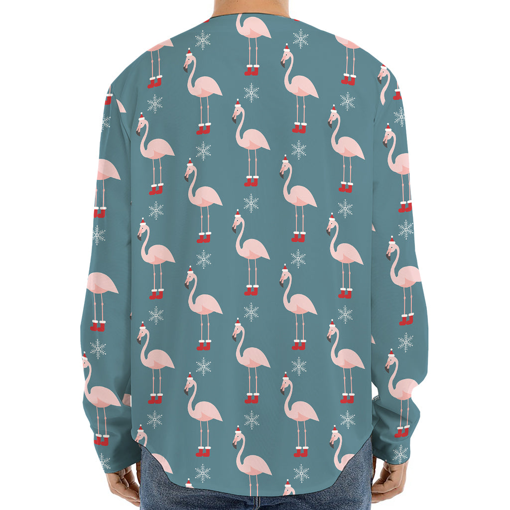 Christmas Snowy Flamingo Pattern Print Long Sleeve Baseball Jersey