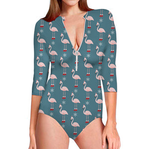 Christmas Snowy Flamingo Pattern Print Long Sleeve Swimsuit