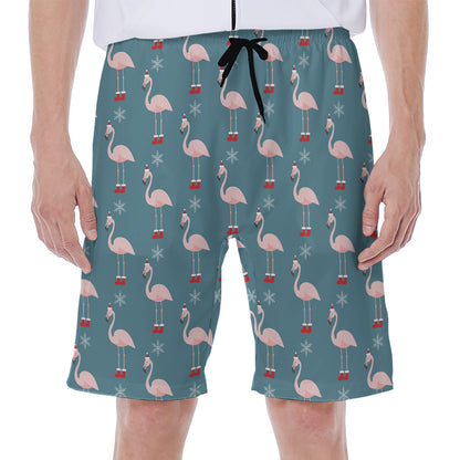 Christmas Snowy Flamingo Pattern Print Men's Beach Shorts
