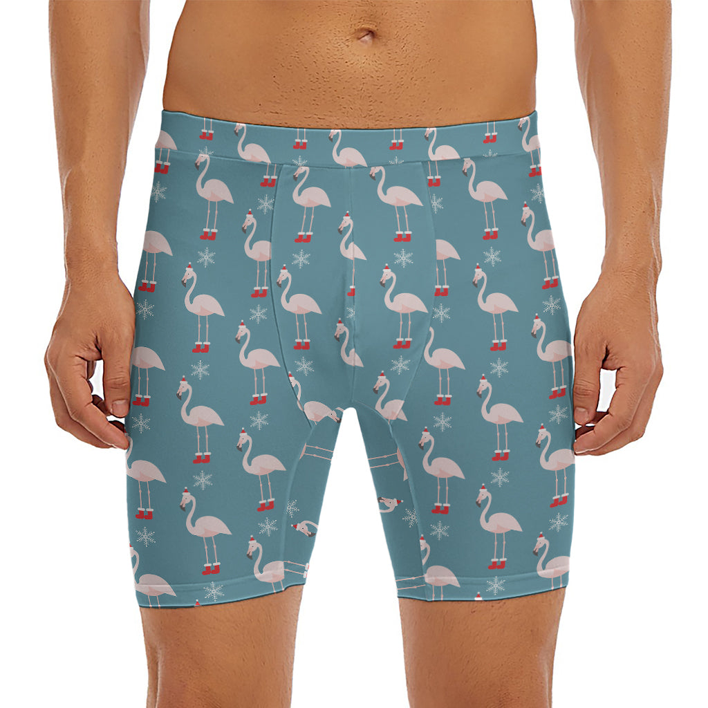 Christmas Snowy Flamingo Pattern Print Men's Long Boxer Briefs