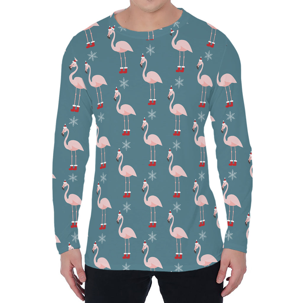 Christmas Snowy Flamingo Pattern Print Men's Long Sleeve T-Shirt