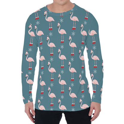 Christmas Snowy Flamingo Pattern Print Men's Long Sleeve T-Shirt