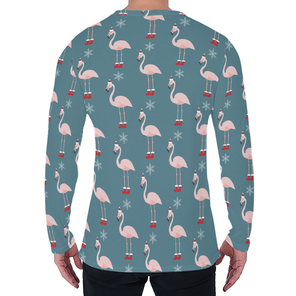Christmas Snowy Flamingo Pattern Print Men's Long Sleeve T-Shirt