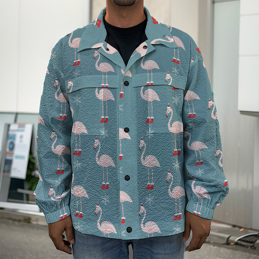 Christmas Snowy Flamingo Pattern Print Men's Shirt Jacket