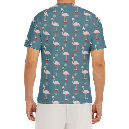 Christmas Snowy Flamingo Pattern Print Men's Short Sleeve Rash Guard