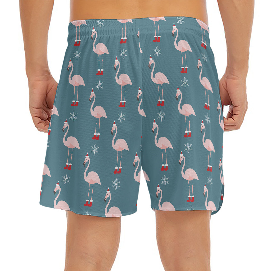 Christmas Snowy Flamingo Pattern Print Men's Split Running Shorts