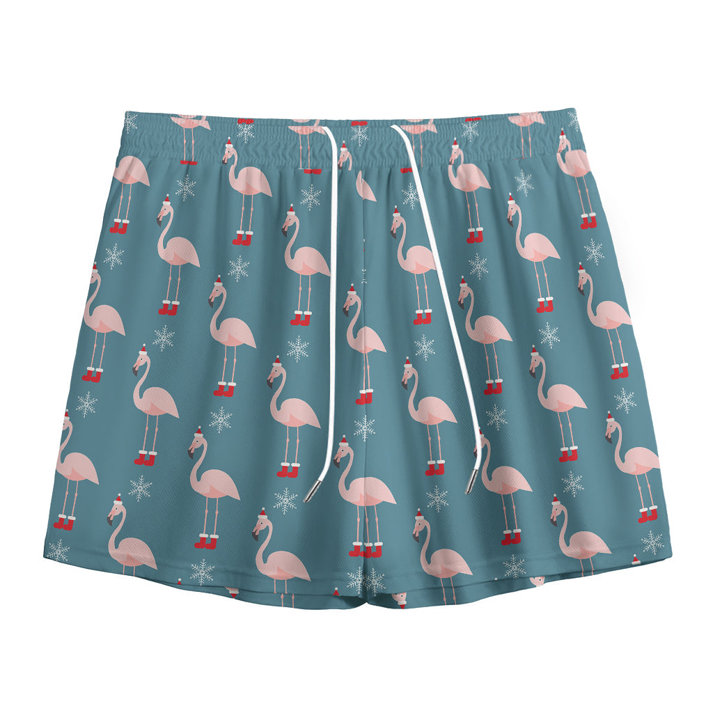 Christmas Snowy Flamingo Pattern Print Mesh Shorts