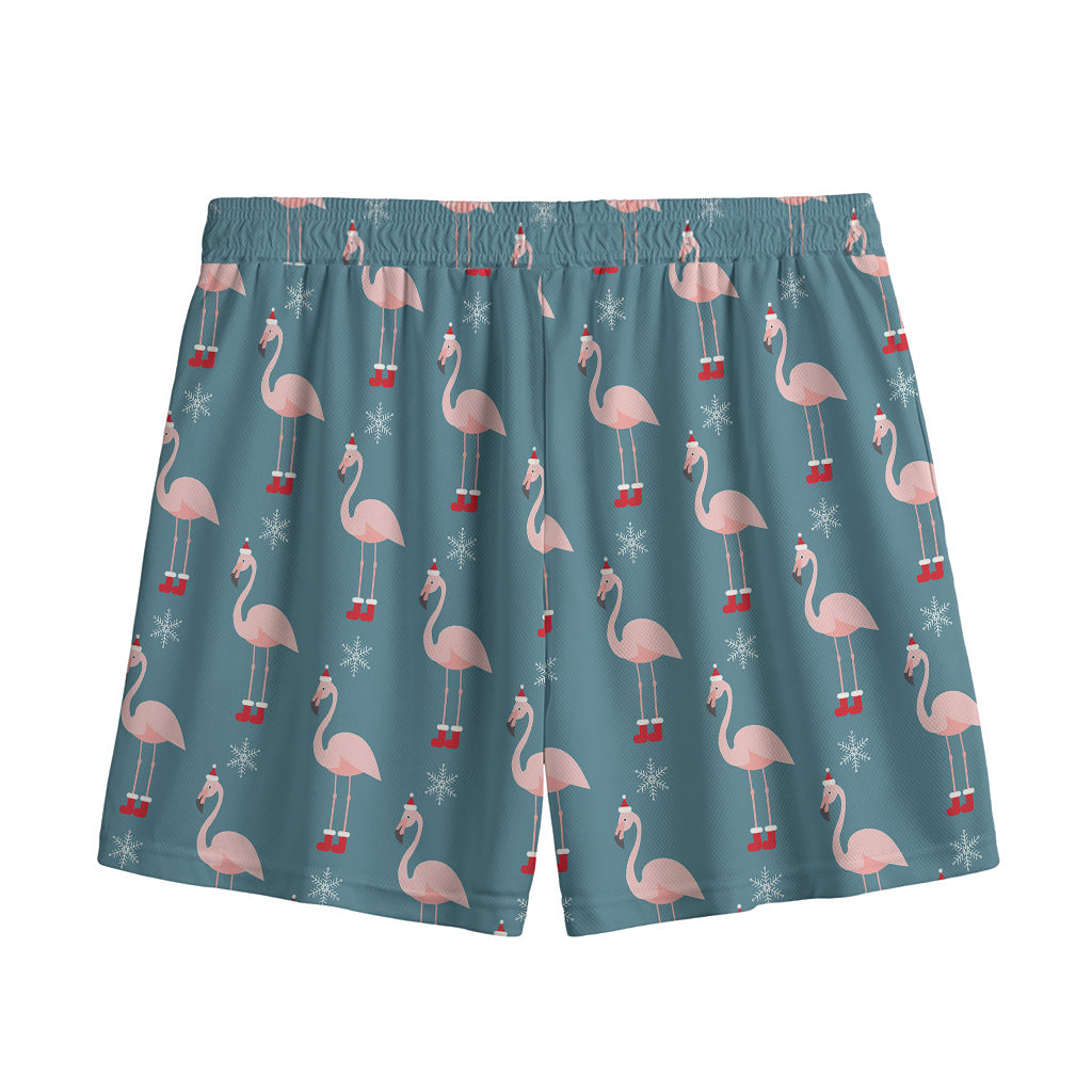 Christmas Snowy Flamingo Pattern Print Mesh Shorts