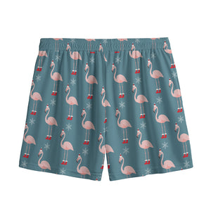 Christmas Snowy Flamingo Pattern Print Mesh Shorts