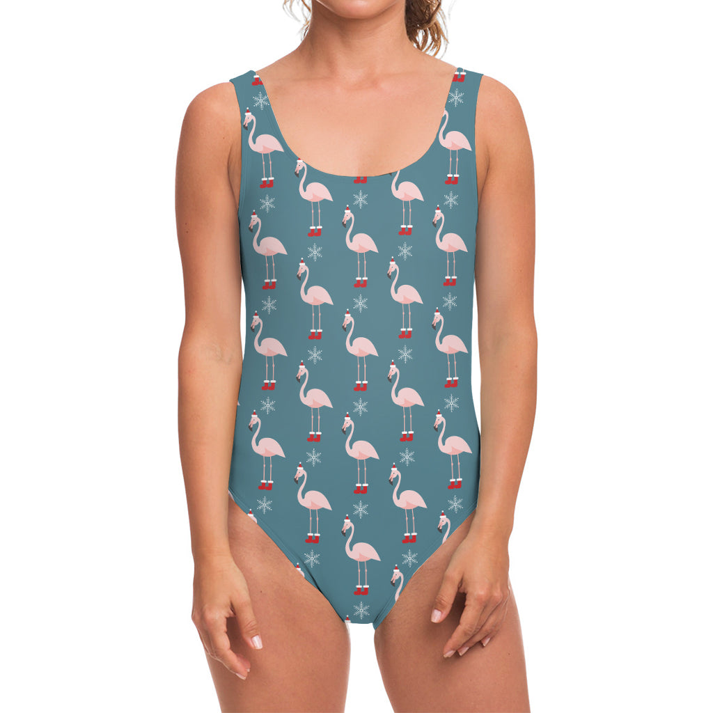 Christmas Snowy Flamingo Pattern Print One Piece Swimsuit