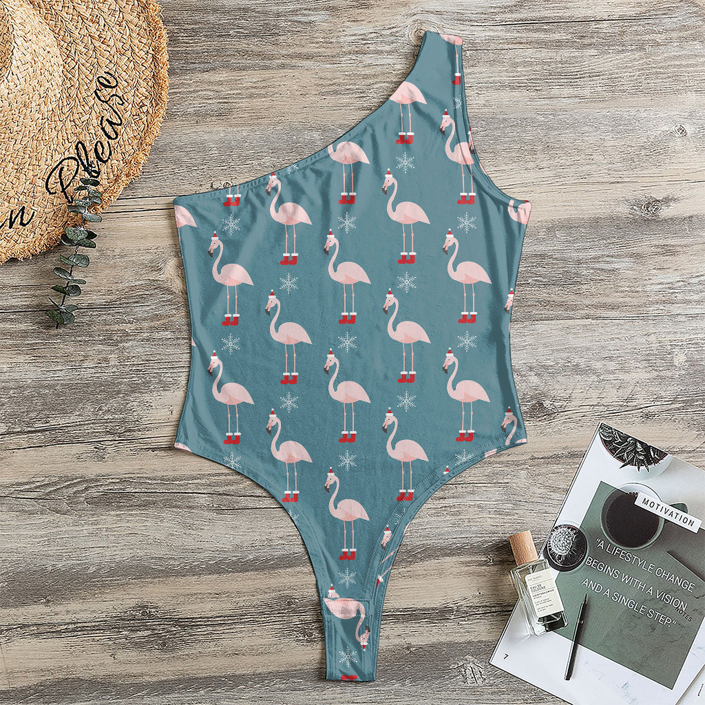 Christmas Snowy Flamingo Pattern Print One Shoulder Bodysuit