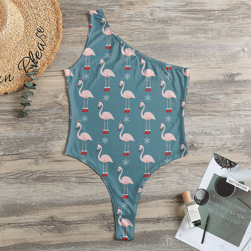 Christmas Snowy Flamingo Pattern Print One Shoulder Bodysuit