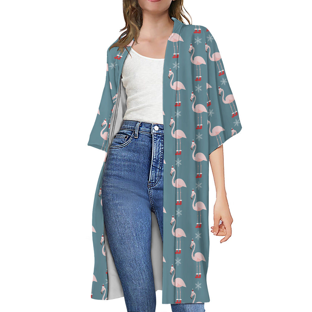 Christmas Snowy Flamingo Pattern Print Open Front Beach Cover Up