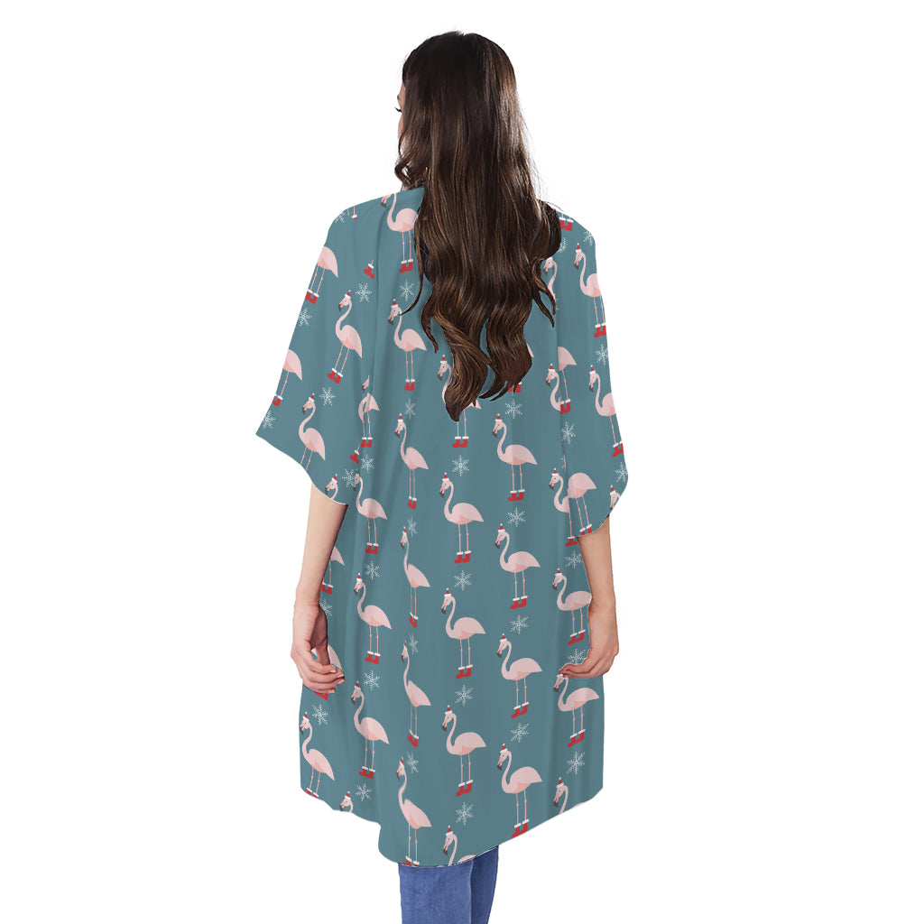 Christmas Snowy Flamingo Pattern Print Open Front Beach Cover Up