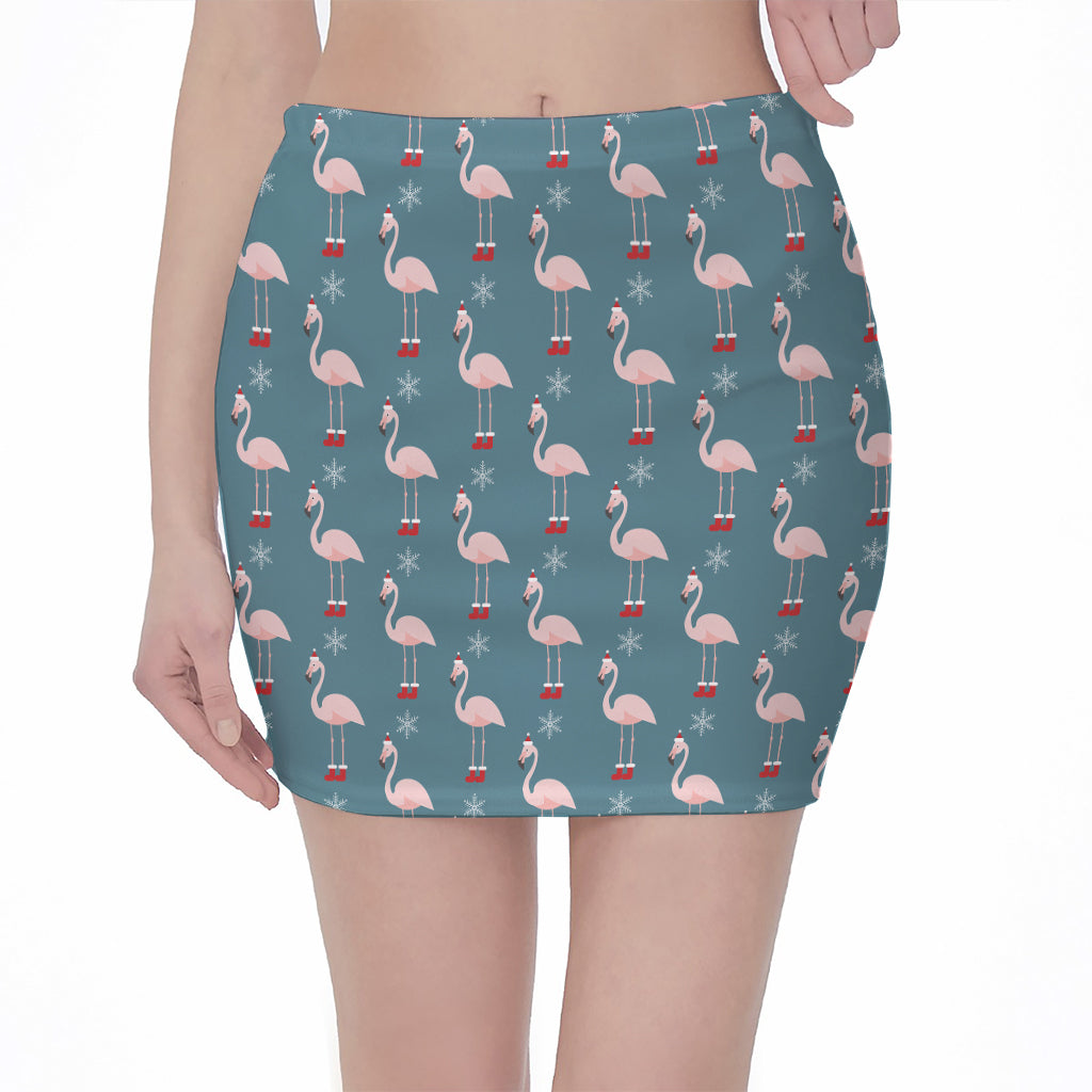 Christmas Snowy Flamingo Pattern Print Pencil Mini Skirt