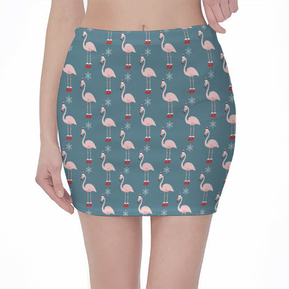 Christmas Snowy Flamingo Pattern Print Pencil Mini Skirt