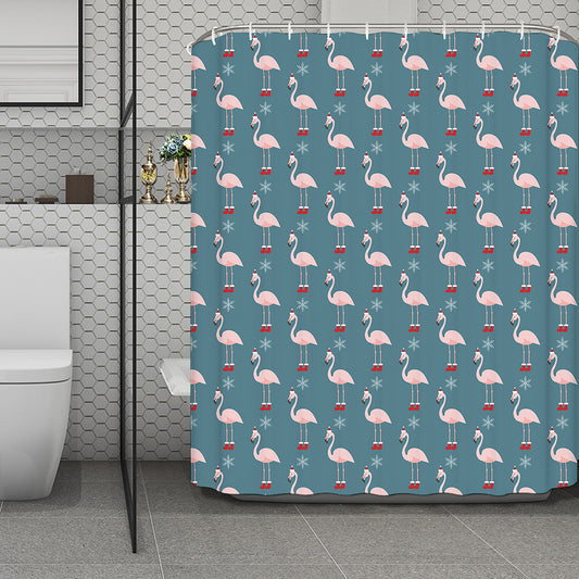 Christmas Snowy Flamingo Pattern Print Polyester Shower Curtain