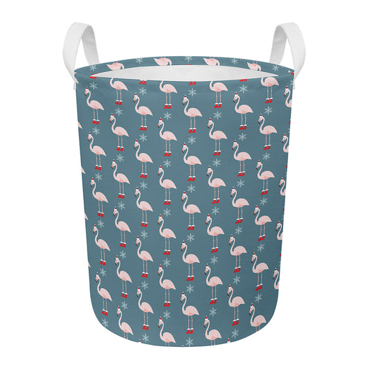 Christmas Snowy Flamingo Pattern Print Round Laundry Basket
