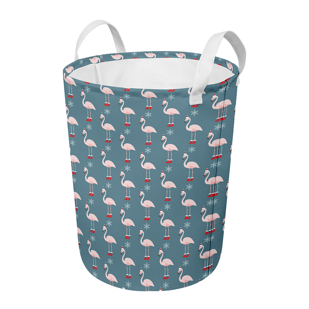 Christmas Snowy Flamingo Pattern Print Round Laundry Basket
