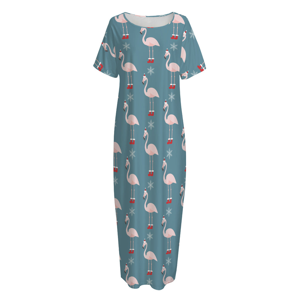 Christmas Snowy Flamingo Pattern Print Short Sleeve Long Nightdress