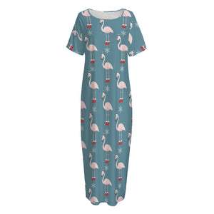 Christmas Snowy Flamingo Pattern Print Short Sleeve Long Nightdress