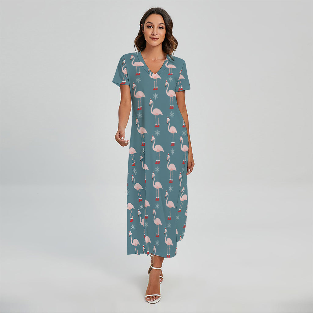 Christmas Snowy Flamingo Pattern Print Short Sleeve Maxi Dress