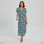 Christmas Snowy Flamingo Pattern Print Short Sleeve Maxi Dress