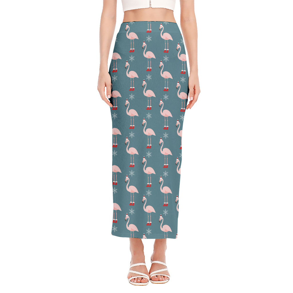 Christmas Snowy Flamingo Pattern Print Side Slit Maxi Skirt