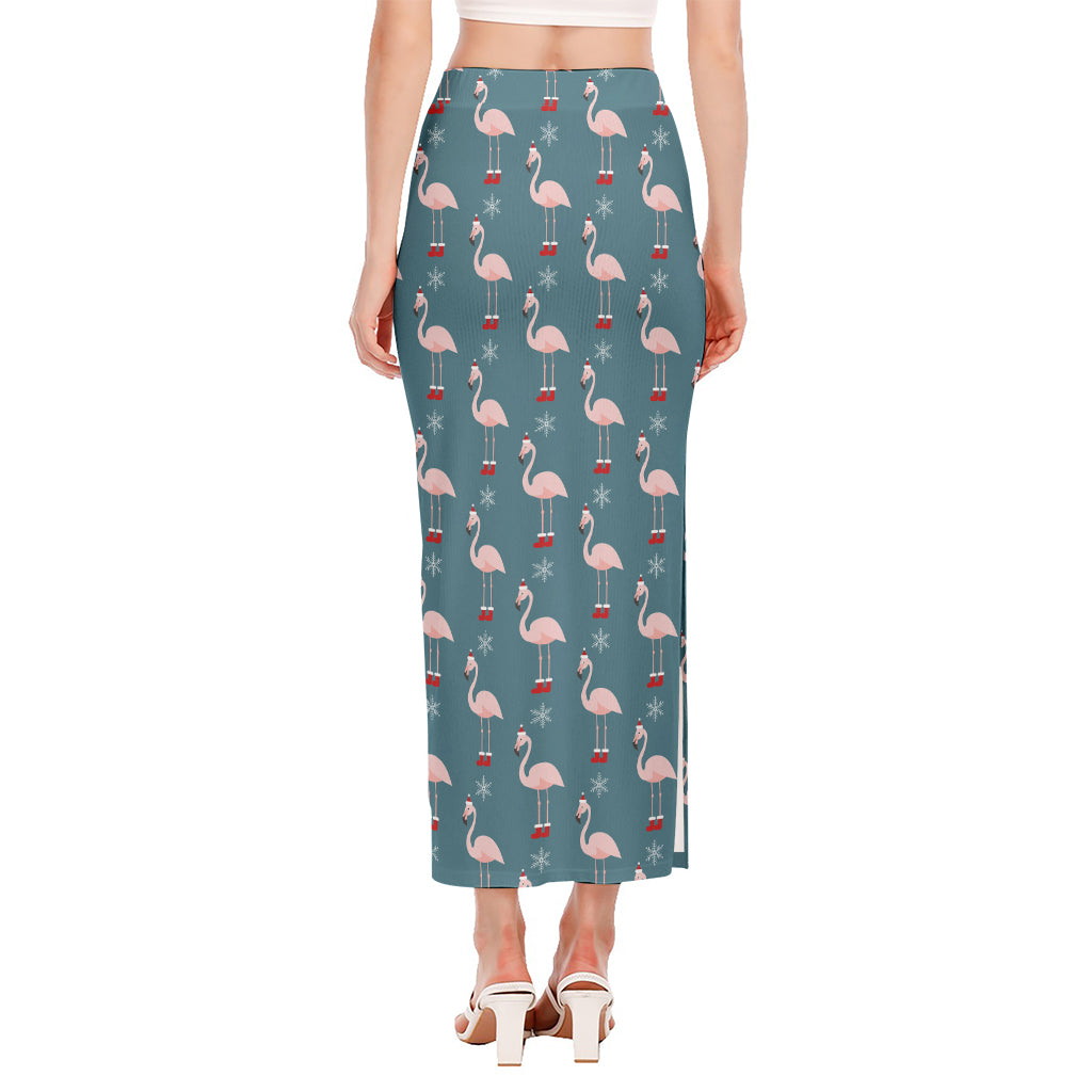 Christmas Snowy Flamingo Pattern Print Side Slit Maxi Skirt