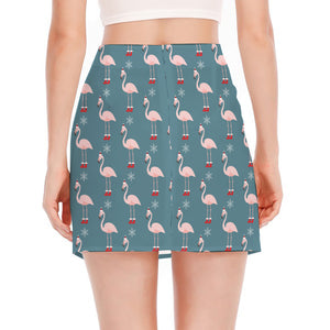 Christmas Snowy Flamingo Pattern Print Side Slit Mini Skirt