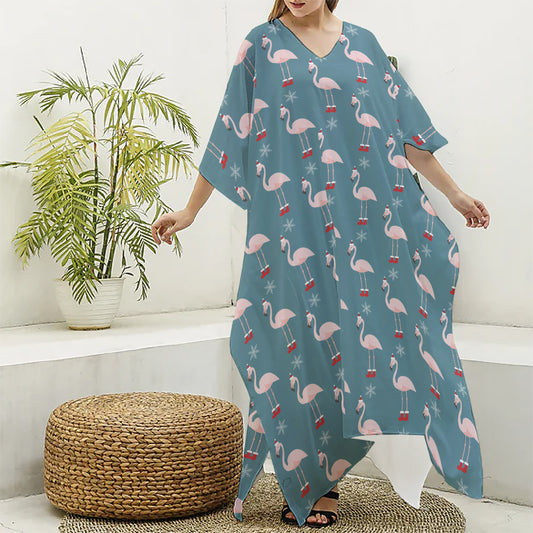 Christmas Snowy Flamingo Pattern Print Silk V-Neck Kaftan Dress